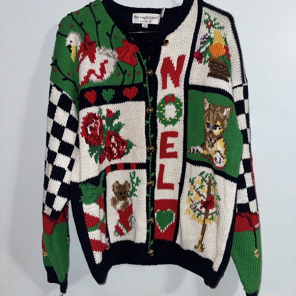NWT the Eagle's Eye vintage Christmas Knit Sweater Women L noel cat floral 1991
